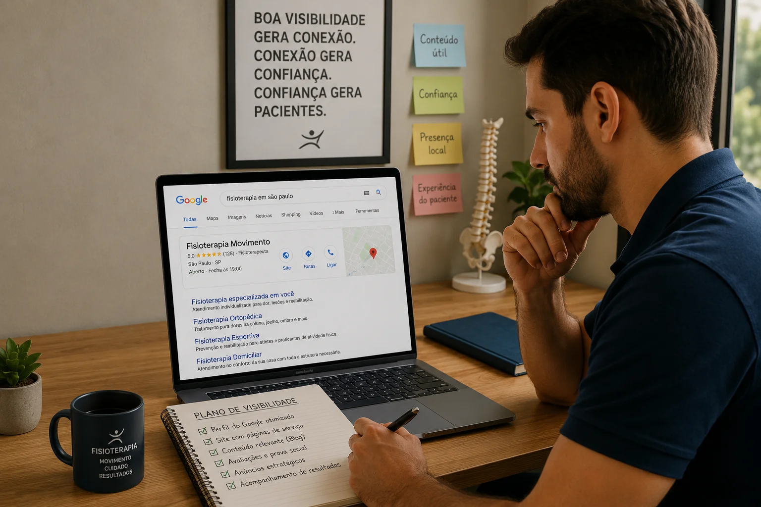 Fisioterapeuta analisando sua presença no Google e as buscas por seus serviços