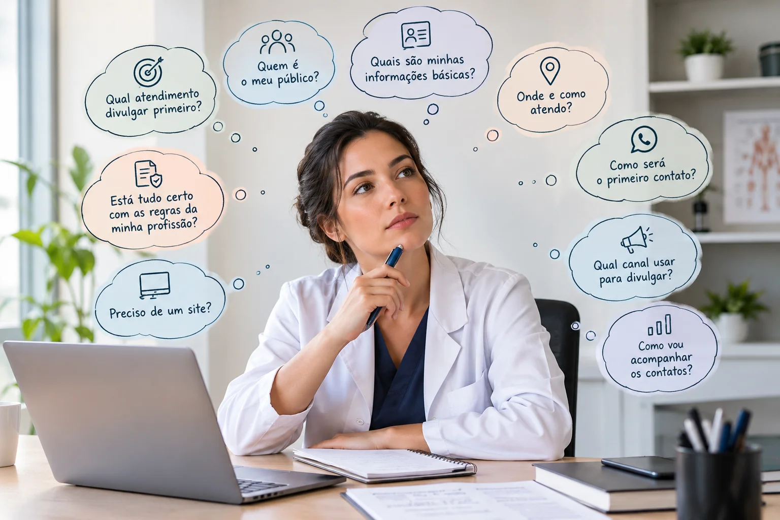 Profissional da saúde organizando informações do consultório antes de iniciar a divulgação