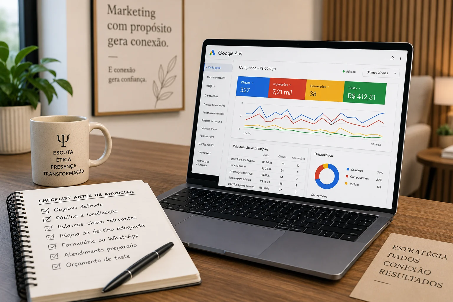 Planejamento de campanha no Google Ads para serviços de Psicologia
