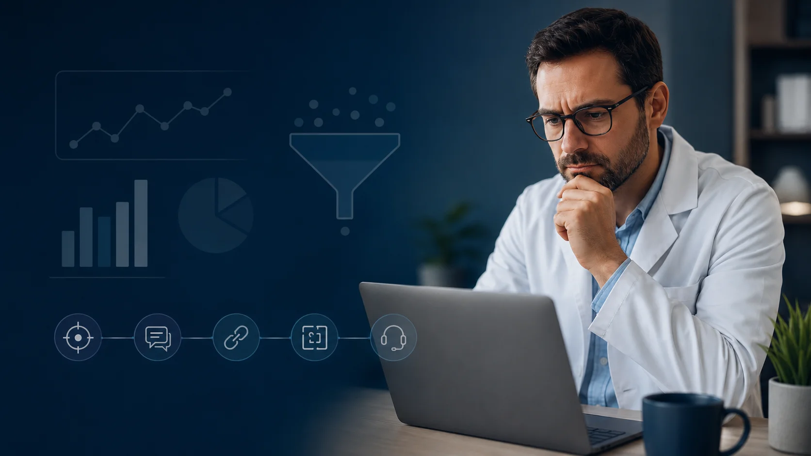 Profissional da saúde analisando gargalos em sua estratégia de marketing