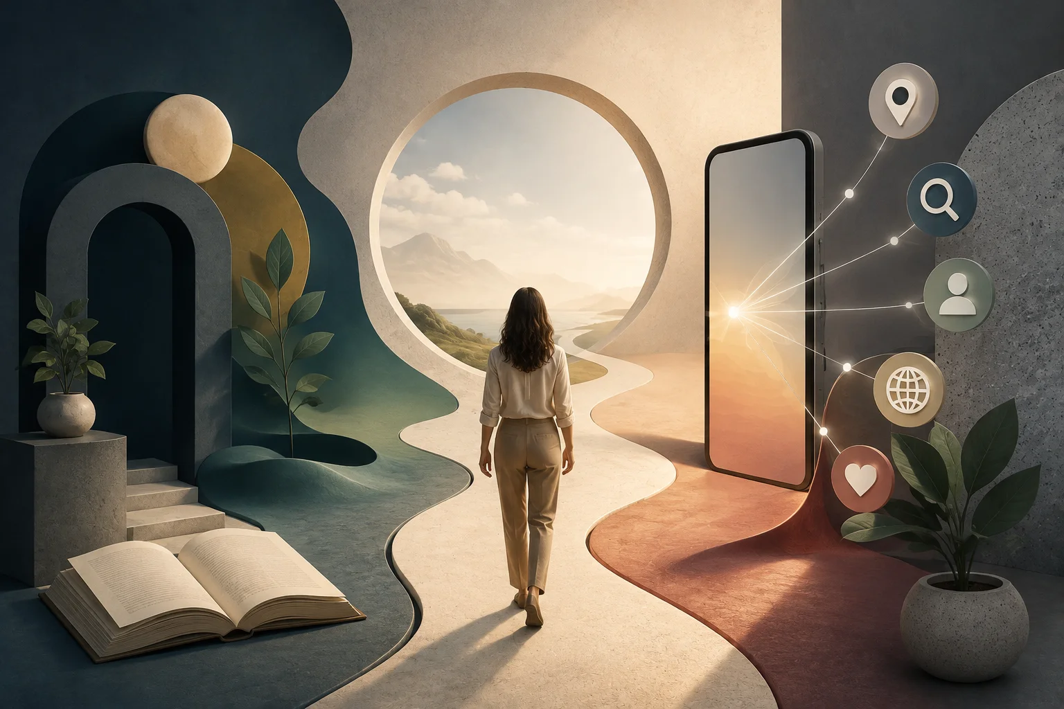 Representação criativa de diferentes caminhos digitais que levam pessoas até um profissional de psicologia