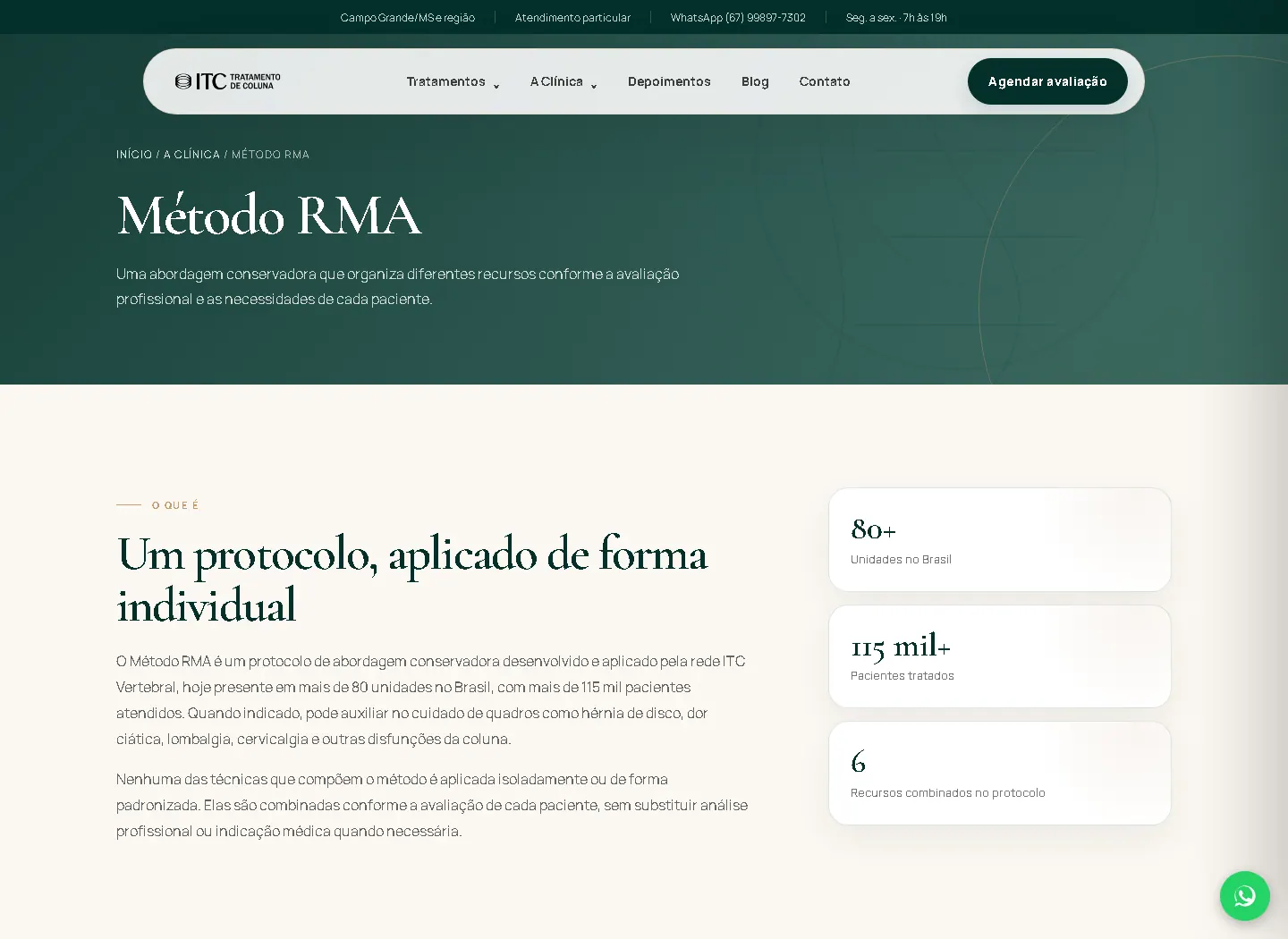 Página do Método RMA com explicação da abordagem conservadora para a coluna